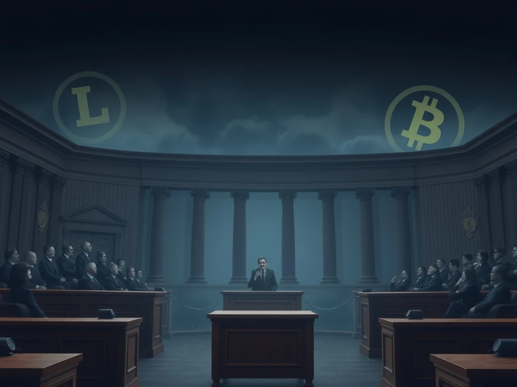 A courtroom scene symbolizing the complex Libra memecoin legal dispute over frozen crypto assets.