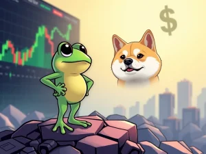 LILPEPE frog mascot challenging Dogecoin, symbolizing its ambitious goal to become a major memecoin rival.