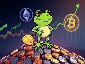 A vibrant Pepe character celebrating near Bitcoin and crypto charts, symbolizing the LILPEPE presale's success driven by the Bitcoin News Today rally.