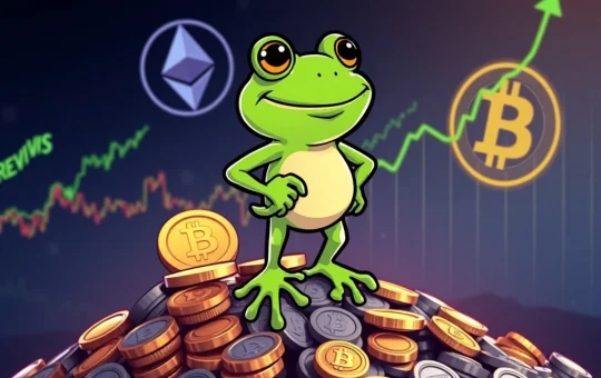 A vibrant Pepe character celebrating near Bitcoin and crypto charts, symbolizing the LILPEPE presale's success driven by the Bitcoin News Today rally.