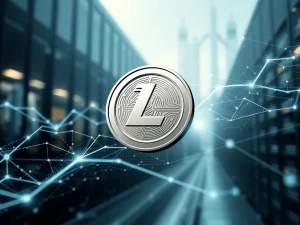 A Litecoin symbol surrounded by financial charts and security icons, representing Litecoin's pivotal institutional adoption and robust network security.