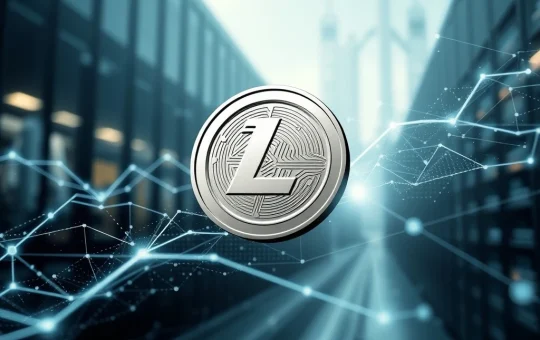 A Litecoin symbol surrounded by financial charts and security icons, representing Litecoin's pivotal institutional adoption and robust network security.