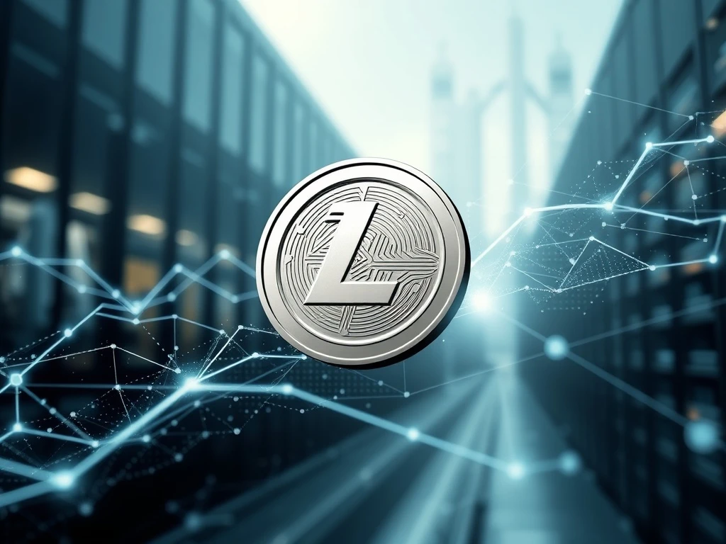A Litecoin symbol surrounded by financial charts and security icons, representing Litecoin's pivotal institutional adoption and robust network security.