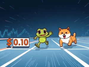 Little Pepe, represented by a frog, racing ahead of Dogecoin and Shiba Inu characters towards a $0.10 target, symbolizing its potential market outperformance.