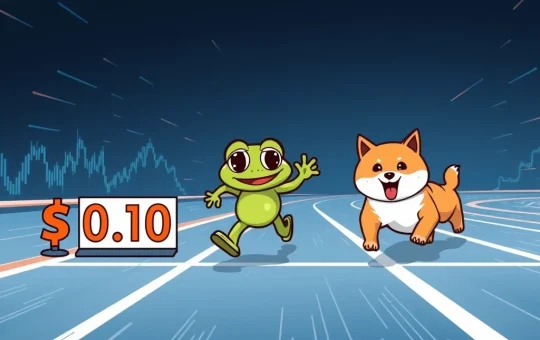 Little Pepe, represented by a frog, racing ahead of Dogecoin and Shiba Inu characters towards a $0.10 target, symbolizing its potential market outperformance.