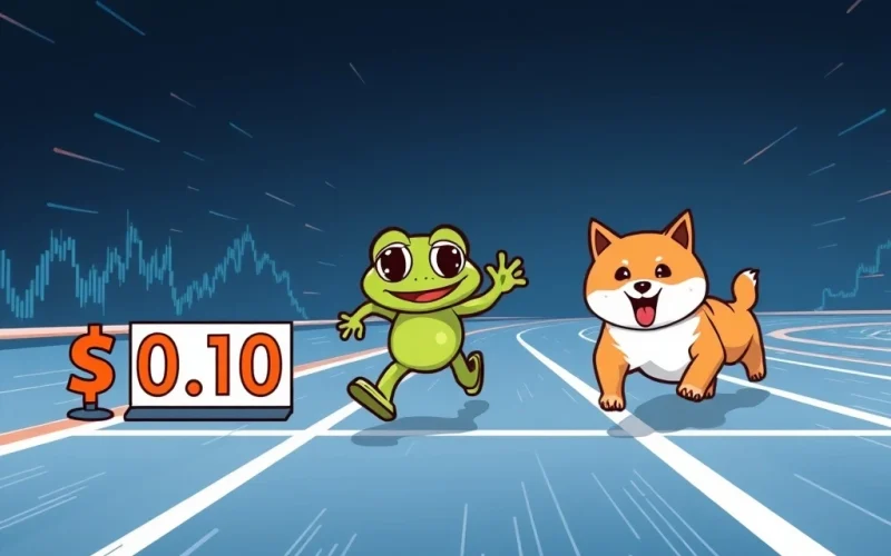 Little Pepe, represented by a frog, racing ahead of Dogecoin and Shiba Inu characters towards a $0.10 target, symbolizing its potential market outperformance.