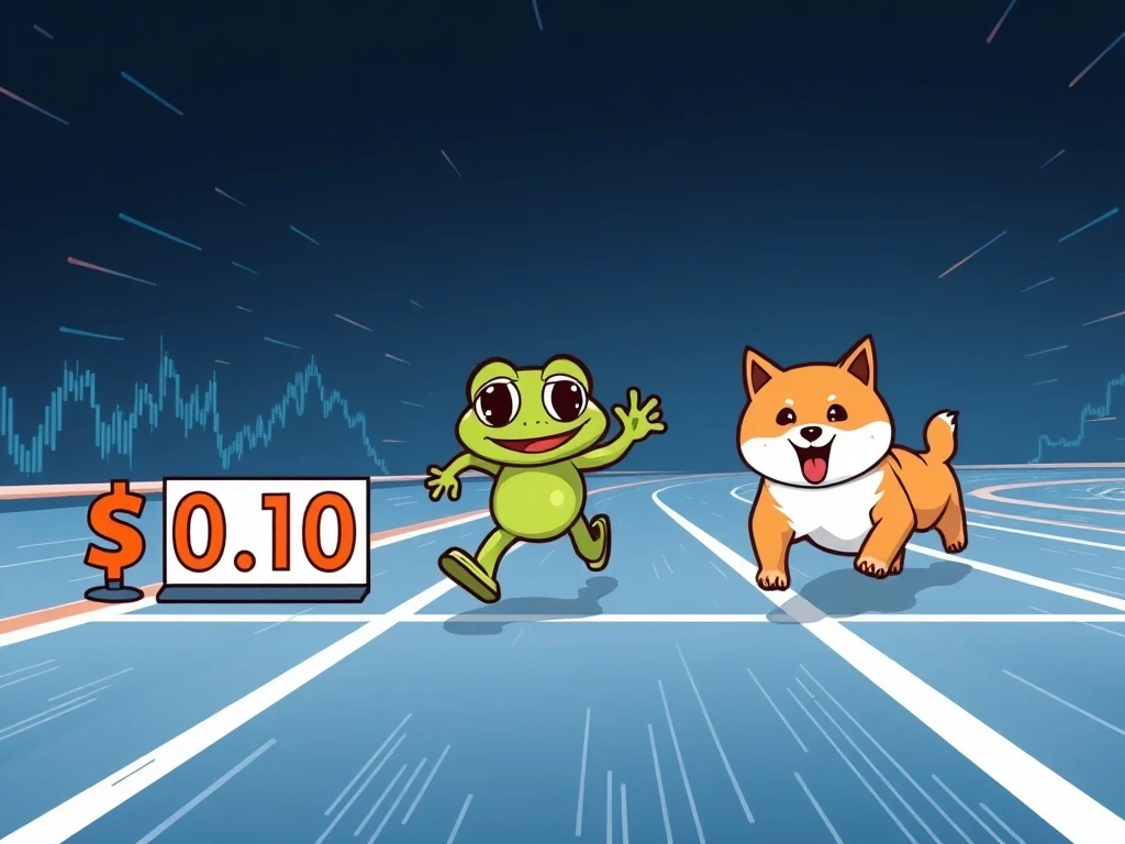 Little Pepe, represented by a frog, racing ahead of Dogecoin and Shiba Inu characters towards a $0.10 target, symbolizing its potential market outperformance.