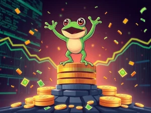 Little Pepe meme coin character celebrating its explosive $12M presale surge with digital currency.