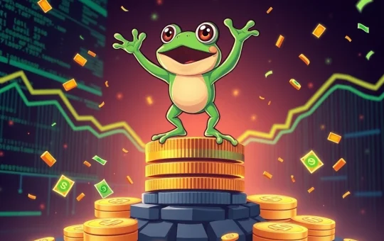 Little Pepe meme coin character celebrating its explosive $12M presale surge with digital currency.