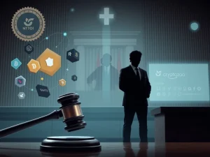 A judge's gavel overseeing digital assets, symbolizing the complex legal battle surrounding Logan Paul CryptoZoo and the dispute over co-founder liability.