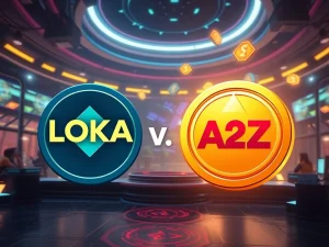 LOKA-to-A2Z rebranding in blockchain gaming with digital tokens transforming in a futuristic arena.