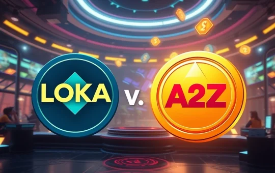 LOKA-to-A2Z rebranding in blockchain gaming with digital tokens transforming in a futuristic arena.