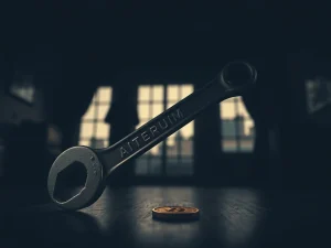 A London court gavel next to cryptocurrency symbols and a wrench, illustrating the botched crypto millionaire wrench attack case.