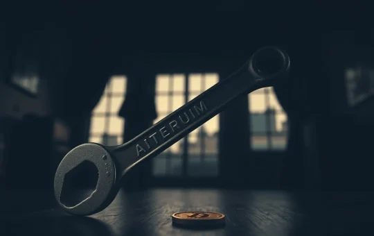 A London court gavel next to cryptocurrency symbols and a wrench, illustrating the botched crypto millionaire wrench attack case.