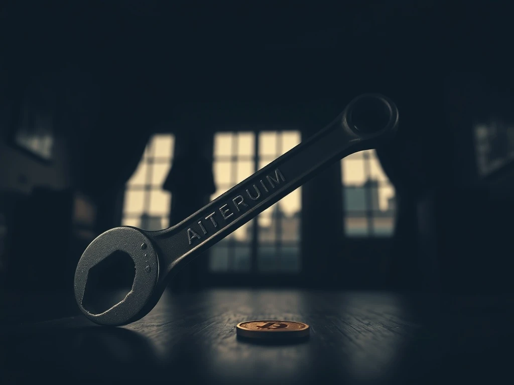 A London court gavel next to cryptocurrency symbols and a wrench, illustrating the botched crypto millionaire wrench attack case.