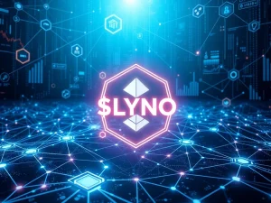 Visualizing the $LYNO DeFi presale opportunity, with AI arbitrage symbols connecting various blockchains and financial growth.