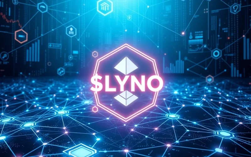 Visualizing the $LYNO DeFi presale opportunity, with AI arbitrage symbols connecting various blockchains and financial growth.