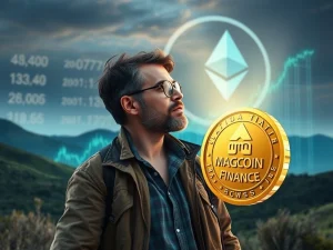 A veteran trader analyzes a chart showing significant MAGACOIN FINANCE crypto gains, with an Ethereum ETF timeline in the background.