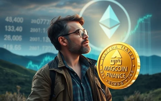 A veteran trader analyzes a chart showing significant MAGACOIN FINANCE crypto gains, with an Ethereum ETF timeline in the background.