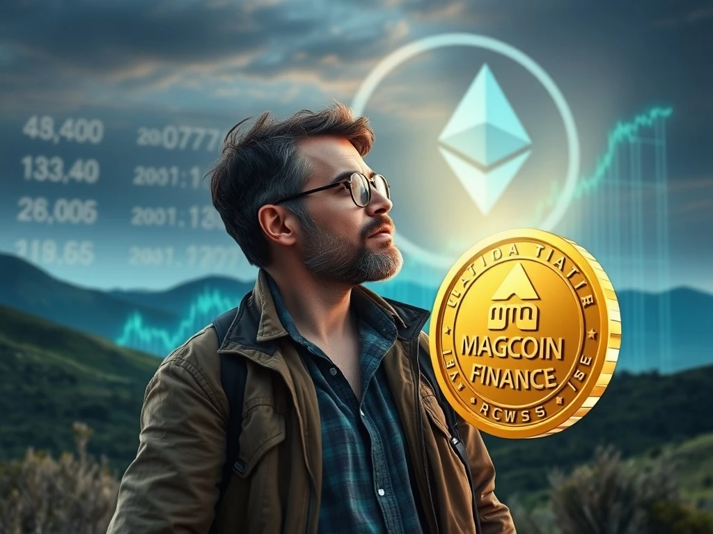 A veteran trader analyzes a chart showing significant MAGACOIN FINANCE crypto gains, with an Ethereum ETF timeline in the background.