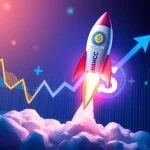 A rocket with the MAGACOIN FINANCE logo ascending, symbolizing the potential for 41x gains, reminiscent of the historic Solana surge.