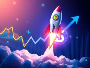 A rocket with the MAGACOIN FINANCE logo ascending, symbolizing the potential for 41x gains, reminiscent of the historic Solana surge.