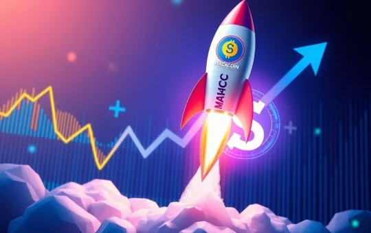 A rocket with the MAGACOIN FINANCE logo ascending, symbolizing the potential for 41x gains, reminiscent of the historic Solana surge.