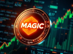 MAGIC cryptocurrency logo glowing amid blockchain network and rising charts