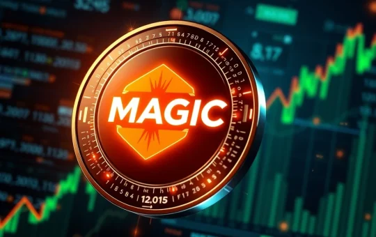 MAGIC cryptocurrency logo glowing amid blockchain network and rising charts