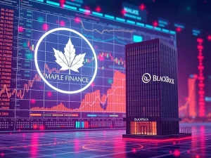 A digital graph showing Maple Finance's AUM surpassing BlackRock BUIDL, symbolizing DeFi's growing dominance in on-chain asset management.