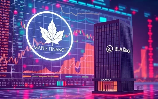 A digital graph showing Maple Finance's AUM surpassing BlackRock BUIDL, symbolizing DeFi's growing dominance in on-chain asset management.