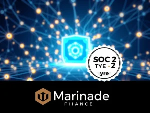 Marinade Finance's SOC 2 Type 2 compliance shield, symbolizing enhanced security for Solana staking and institutional crypto adoption.