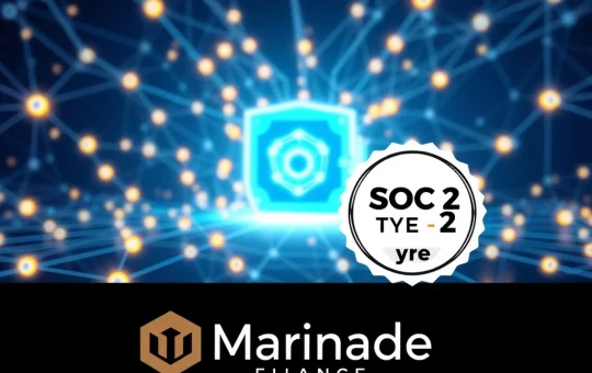Marinade Finance's SOC 2 Type 2 compliance shield, symbolizing enhanced security for Solana staking and institutional crypto adoption.
