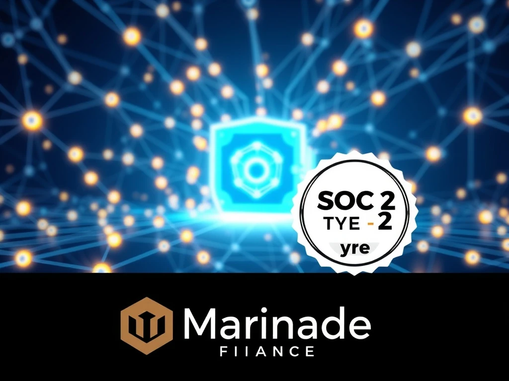 Marinade Finance's SOC 2 Type 2 compliance shield, symbolizing enhanced security for Solana staking and institutional crypto adoption.