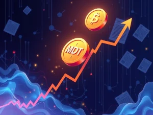 MDT cryptocurrency token surging on a volatile price chart with blockchain elements
