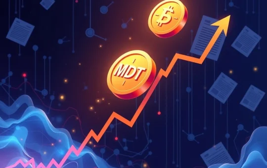 MDT cryptocurrency token surging on a volatile price chart with blockchain elements