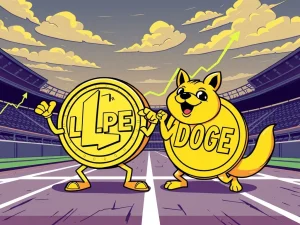 Visualizing the intense meme coin rivalry between LILPEPE and Dogecoin, highlighting LILPEPE's surge and DOGE's price target.