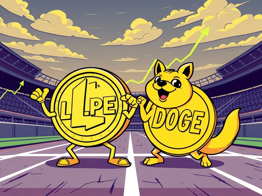 Visualizing the intense meme coin rivalry between LILPEPE and Dogecoin, highlighting LILPEPE's surge and DOGE's price target.