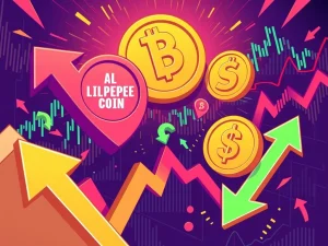 Charts and digital symbols representing meme coin volatility, including LILPEPE, Portuma, and SPY tokens, illustrating market trends and 1000x potential.