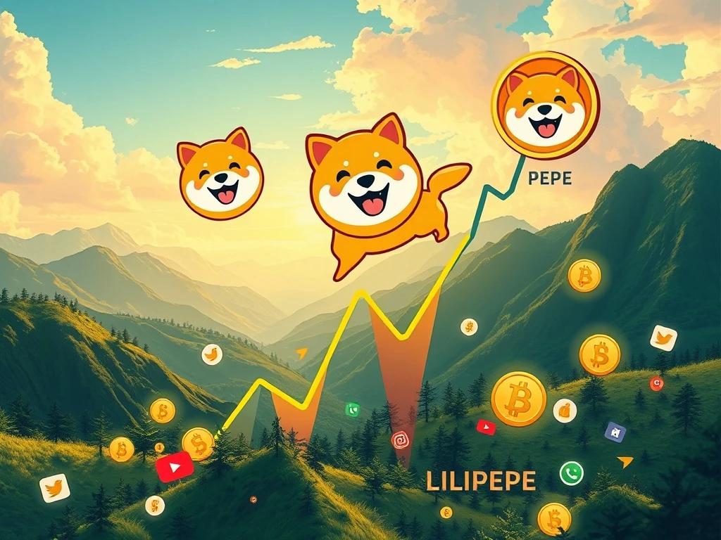 A graphic illustrating the potential for explosive growth in meme coins, featuring coin symbols like PEPE, SHIB, and LILPEPE, suggesting significant crypto investment opportunities.
