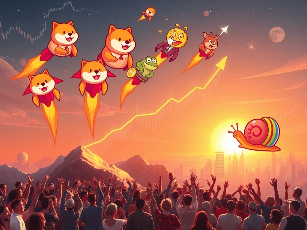 Explosive Meme Coins: A diverse group of meme coins soaring, symbolizing the significant altcoin surge driven by retail demand.