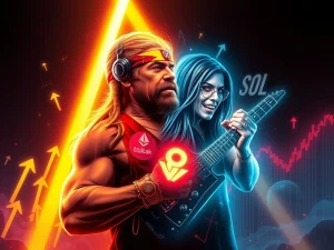 Visualizing the dramatic surge of Hulkamania and Ozzy Osbourne memecoins amidst crypto market volatility.