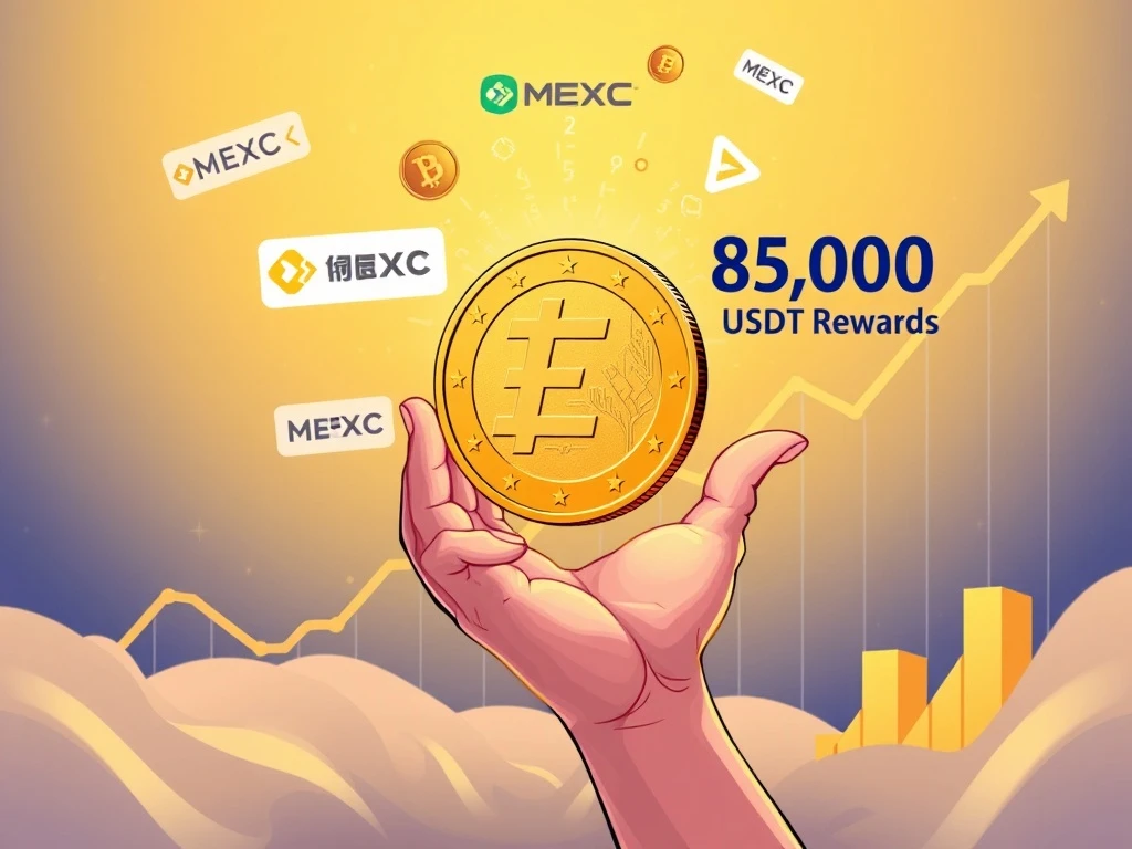 A visual representation of MEXC EURR staking, highlighting 85,000 USDT rewards for participants in the crypto staking event.