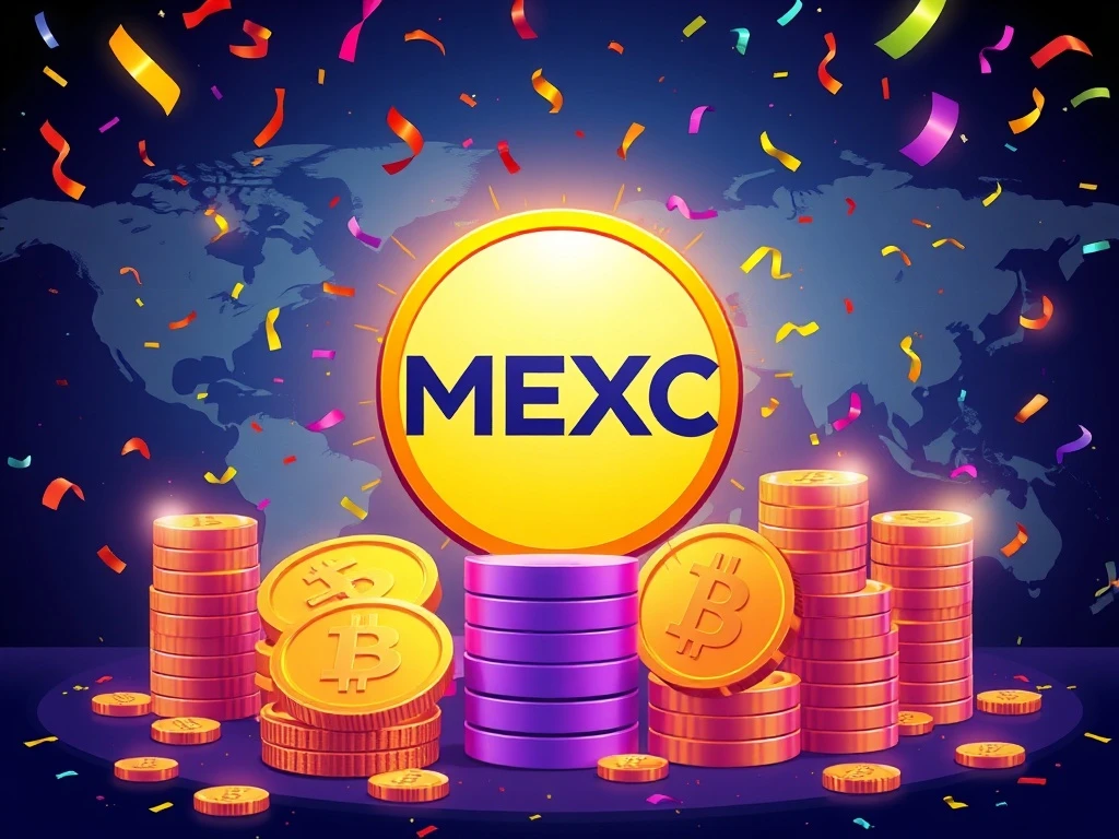 A vibrant image showcasing the MEXC Launchpool event, highlighting EURR stablecoin and a significant USDT prize pool, symbolizing massive crypto rewards.