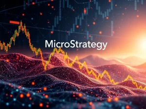 MicroStrategy stock chart with Bitcoin blockchain background highlighting its aggressive Bitcoin strategy