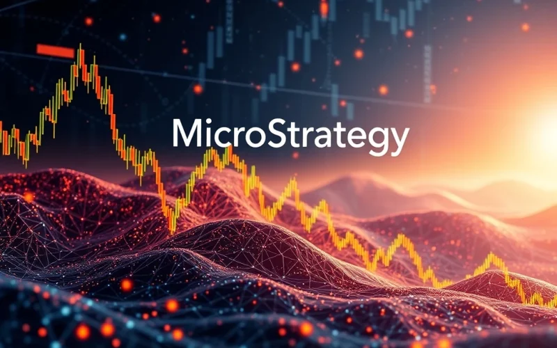 MicroStrategy stock chart with Bitcoin blockchain background highlighting its aggressive Bitcoin strategy