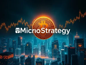 MicroStrategy's Michael Saylor overseeing a massive Bitcoin investment, symbolizing the company's unrivaled corporate Bitcoin dominance.