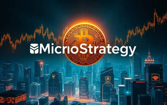 MicroStrategy's Michael Saylor overseeing a massive Bitcoin investment, symbolizing the company's unrivaled corporate Bitcoin dominance.