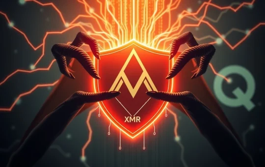 A digital representation of a looming Monero 51% attack, highlighting the threat posed by Qubic's hashrate consolidation to blockchain security.