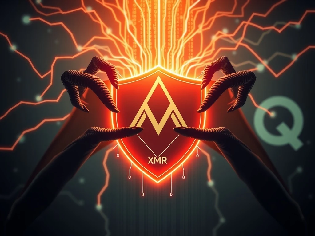A digital representation of a looming Monero 51% attack, highlighting the threat posed by Qubic's hashrate consolidation to blockchain security.